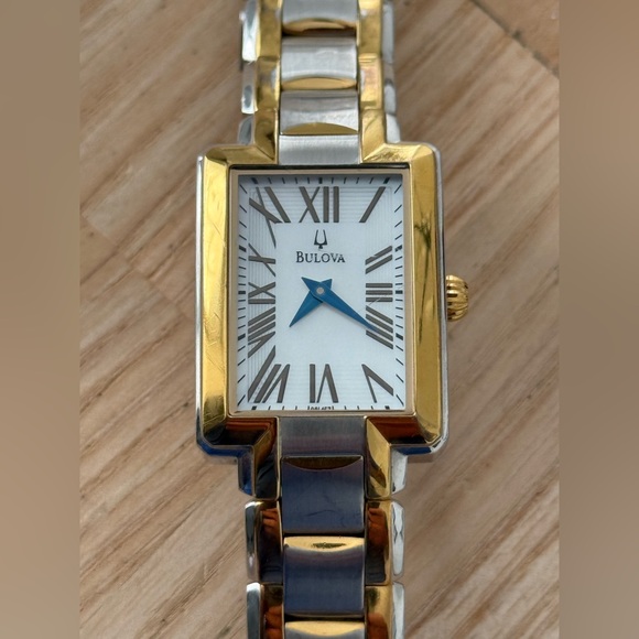 Bulova Curvex Luxury Watch Two-Tone Bracelet White Rectangular Dial Blue Hands main image 6